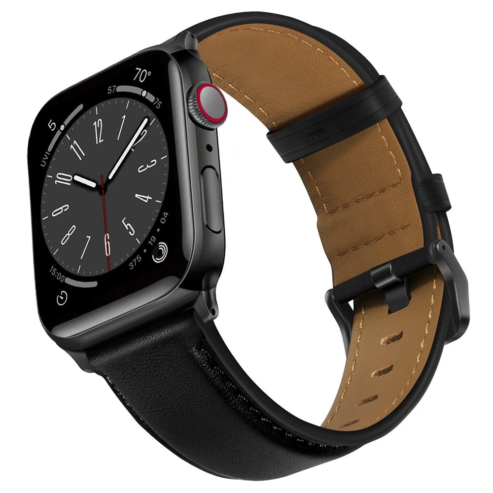 Watch Band for Apple Watch Ultra 3 2 1 49mm / Series 11 10 46mm / 9 8 7 45mm / SE3 SE2 SE 6 5 4 44mm / 3 2 1 42mm Genuine Cow Leather Strap - Black / Black Buckle - 3