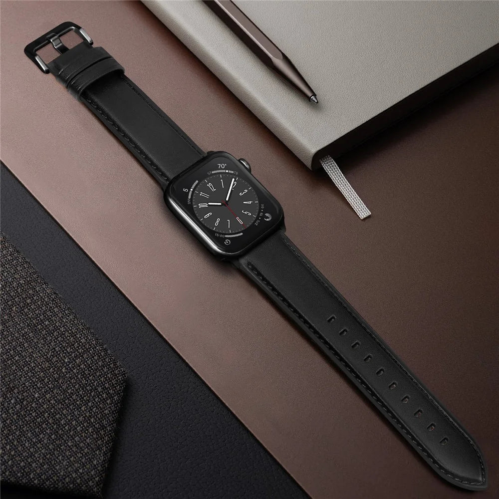 Watch Band for Apple Watch Ultra 3 2 1 49mm / Series 11 10 46mm / 9 8 7 45mm / SE3 SE2 SE 6 5 4 44mm / 3 2 1 42mm Genuine Cow Leather Strap - Black / Black Buckle - 4