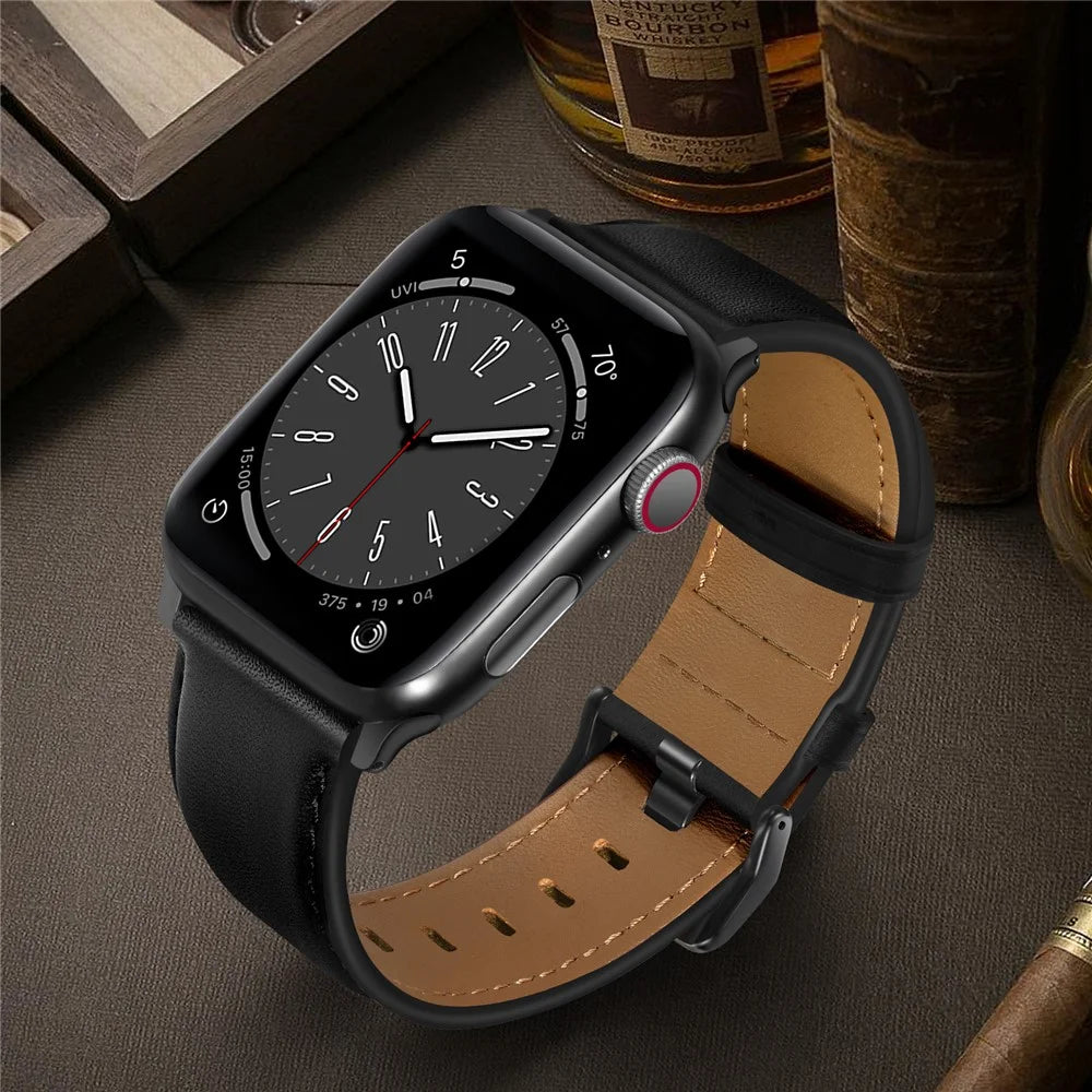Watch Band for Apple Watch Ultra 3 2 1 49mm / Series 11 10 46mm / 9 8 7 45mm / SE3 SE2 SE 6 5 4 44mm / 3 2 1 42mm Genuine Cow Leather Strap - Black / Black Buckle - 5