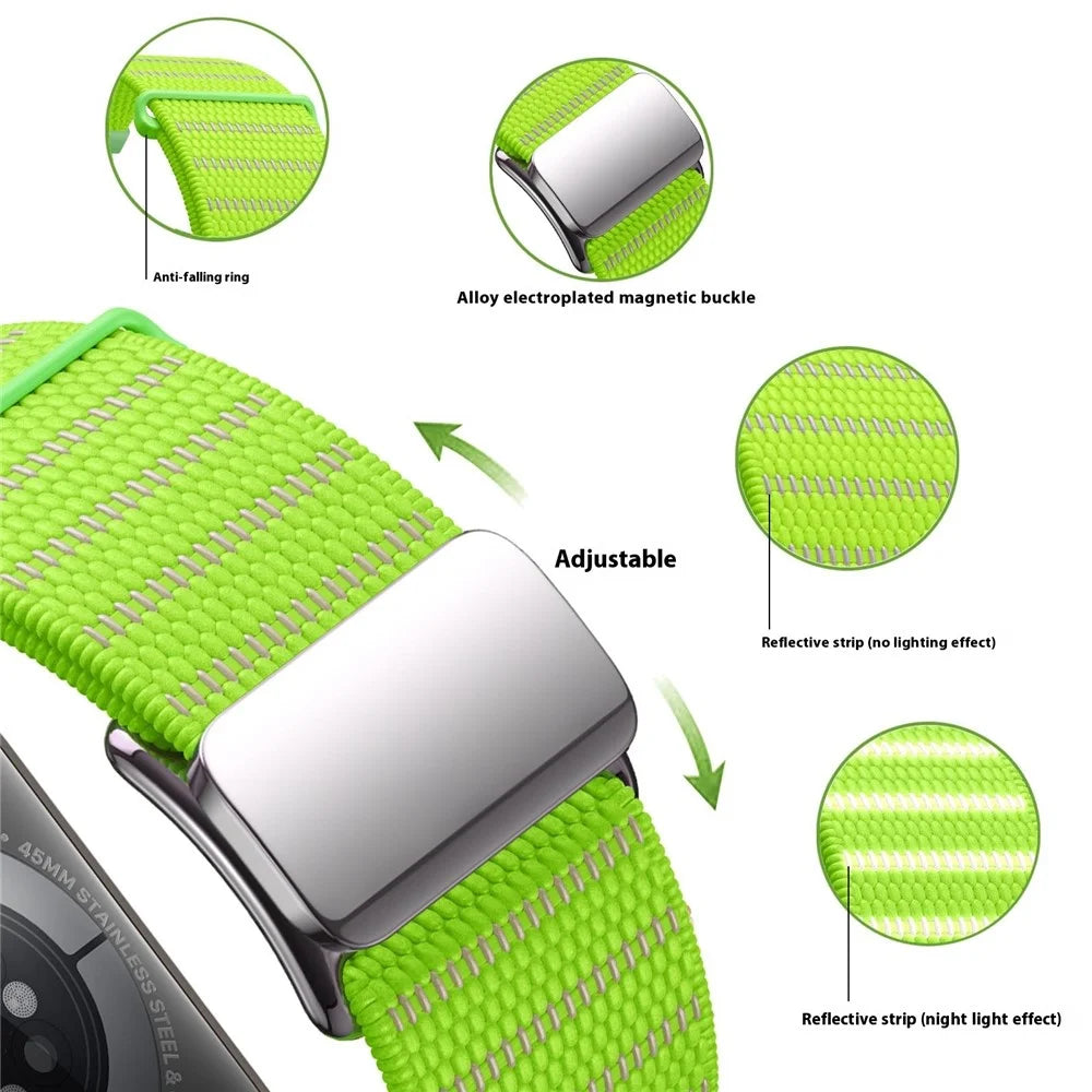 Wrist Strap for Apple Watch Series 11 10 42mm / 9 8 7 41mm / SE3 SE2 SE 6 5 4 40mm / 3 2 1 38mm Reflective Nylon Magnetic Buckle Watch Band - Green - 3
