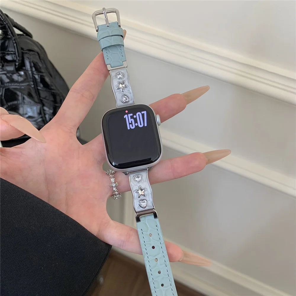 Watch Band for Apple Watch Series 11 10 42mm / 9 8 7 41mm / SE3 SE2 SE 6 5 4 40mm / 3 2 1 38mm Zircon Decor Genuine Cow Leather Strap - Baby Blue - 2