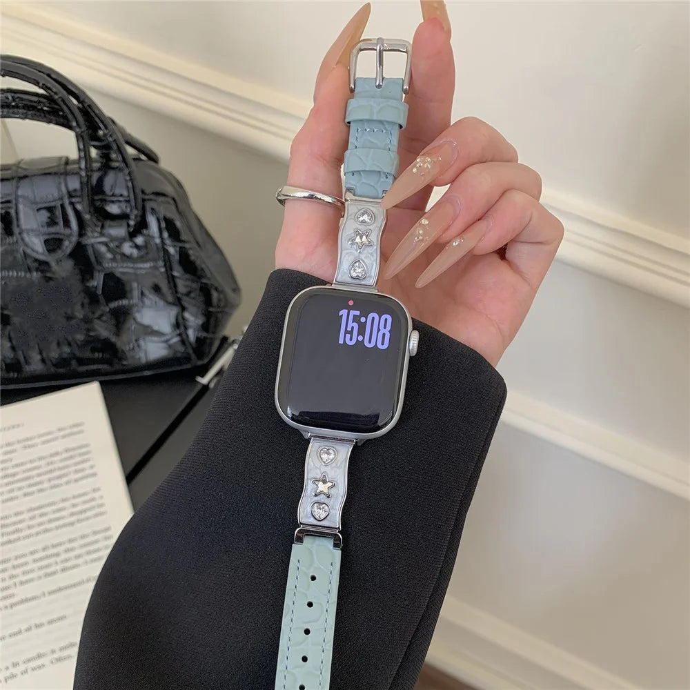 Watch Band for Apple Watch Series 11 10 42mm / 9 8 7 41mm / SE3 SE2 SE 6 5 4 40mm / 3 2 1 38mm Zircon Decor Genuine Cow Leather Strap - Baby Blue - 3