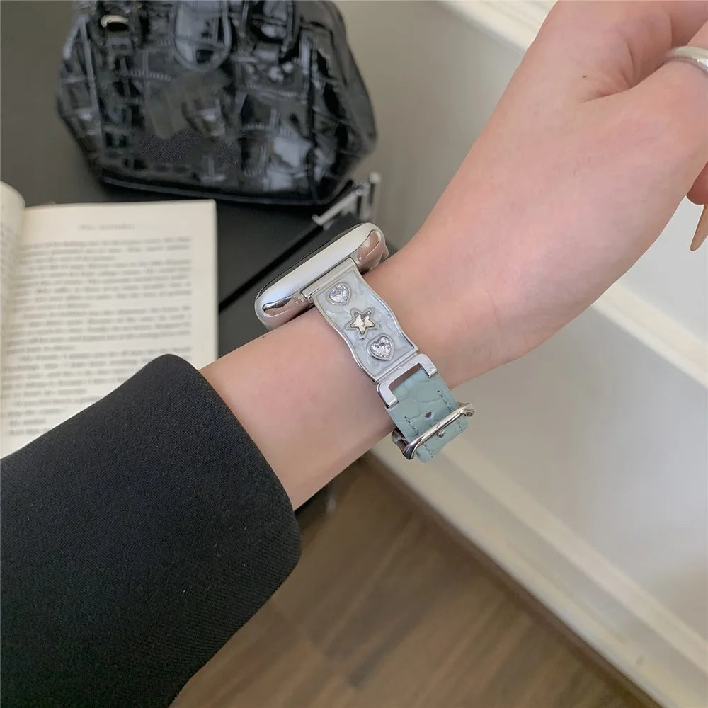 Watch Band for Apple Watch Series 11 10 42mm / 9 8 7 41mm / SE3 SE2 SE 6 5 4 40mm / 3 2 1 38mm Zircon Decor Genuine Cow Leather Strap - Baby Blue - 6