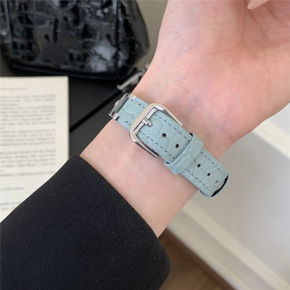 Watch Band for Apple Watch Series 11 10 42mm / 9 8 7 41mm / SE3 SE2 SE 6 5 4 40mm / 3 2 1 38mm Zircon Decor Genuine Cow Leather Strap - Baby Blue - 7