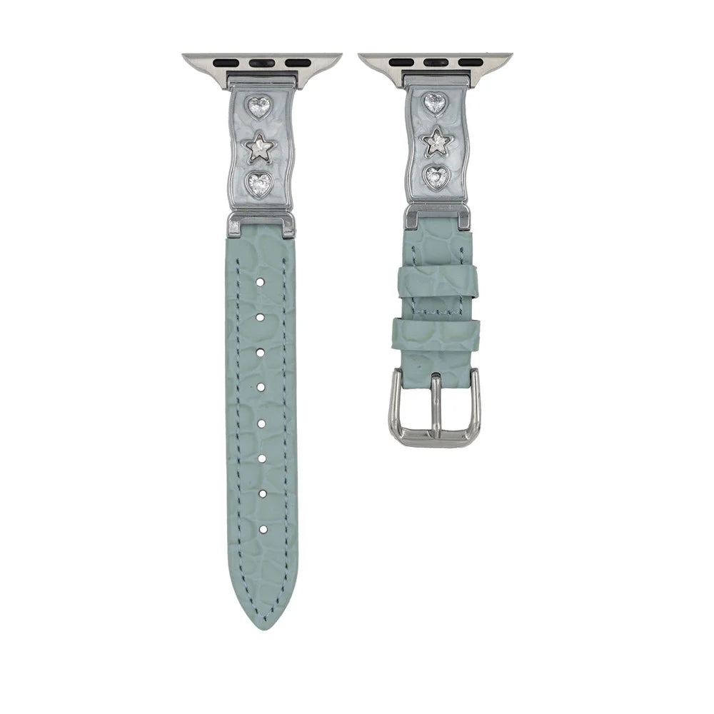 Watch Band for Apple Watch Ultra 3 2 1 49mm / Series 11 10 46mm / 9 8 7 45mm / SE3 SE2 SE 6 5 4 44mm / 3 2 1 42mm Zircon Decor Genuine Cow Leather Strap - Baby Blue - 1