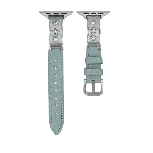 Watch Band for Apple Watch Ultra 3 2 1 49mm / Series 11 10 46mm / 9 8 7 45mm / SE3 SE2 SE 6 5 4 44mm / 3 2 1 42mm Zircon Decor Genuine Cow Leather Strap - Baby Blue - 1