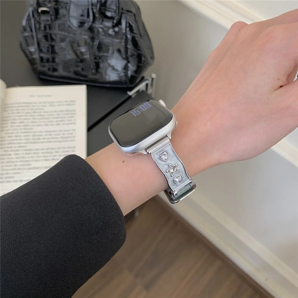 Watch Band for Apple Watch Ultra 3 2 1 49mm / Series 11 10 46mm / 9 8 7 45mm / SE3 SE2 SE 6 5 4 44mm / 3 2 1 42mm Zircon Decor Genuine Cow Leather Strap - Baby Blue - 5