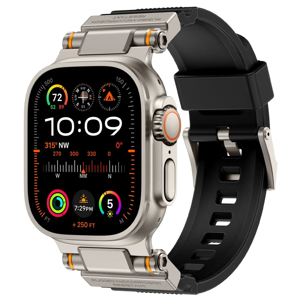 Watch Strap for Apple Watch Ultra 3 2 1 49mm / Series 11 10 46mm / 9 8 7 45mm / SE3 SE2 SE 6 5 4 44mm / 3 2 1 42mm Silicone Band with Titanium Color Connector - Black - 2