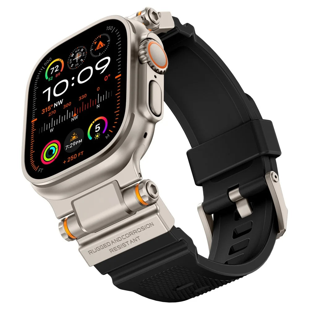 Watch Strap for Apple Watch Ultra 3 2 1 49mm / Series 11 10 46mm / 9 8 7 45mm / SE3 SE2 SE 6 5 4 44mm / 3 2 1 42mm Silicone Band with Titanium Color Connector - Black - 3