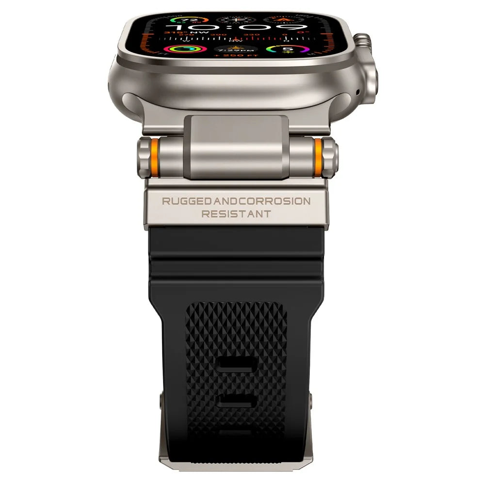 Watch Strap for Apple Watch Ultra 3 2 1 49mm / Series 11 10 46mm / 9 8 7 45mm / SE3 SE2 SE 6 5 4 44mm / 3 2 1 42mm Silicone Band with Titanium Color Connector - Black - 4