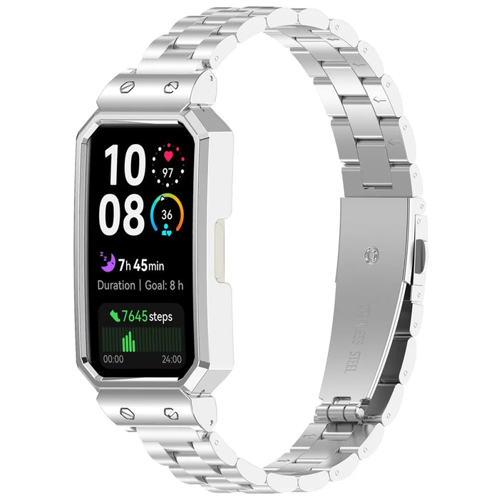 Metal Frame for Huawei Band 10 / 10 NFC / 9 / 9 NFC / 8 / 8 NFC Watch Case Integrated Three Bead Stainless Steel Strap - Silver - 4