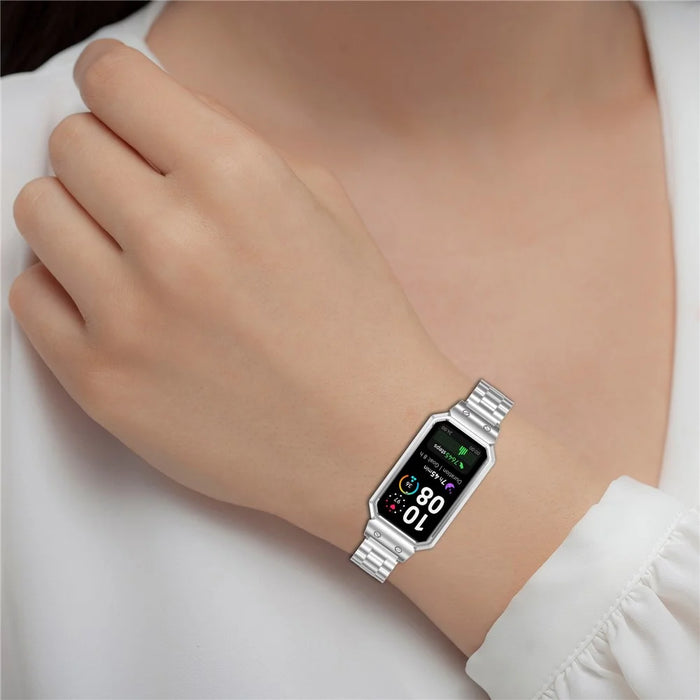 Metal Frame for Huawei Band 10 / 10 NFC / 9 / 9 NFC / 8 / 8 NFC Watch Case Integrated Three Bead Stainless Steel Strap - Silver - 6