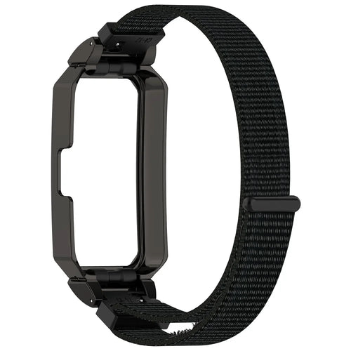 Watch Band for Huawei Band 10 / 10 NFC / 9 / 9 NFC / 8 / 8 NFC Magic Tape Nylon Strap with Metal Case - Black+Black - 1