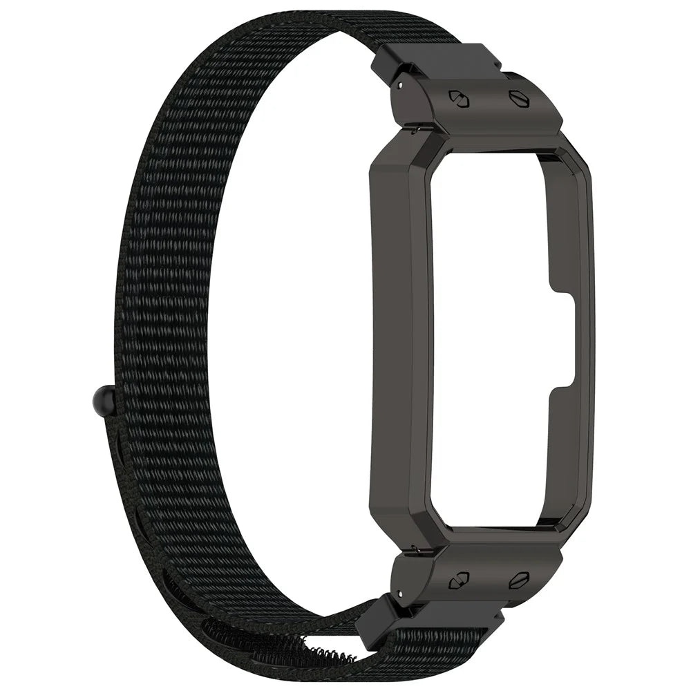 Watch Band for Huawei Band 10 / 10 NFC / 9 / 9 NFC / 8 / 8 NFC Magic Tape Nylon Strap with Metal Case - Black+Black - 2