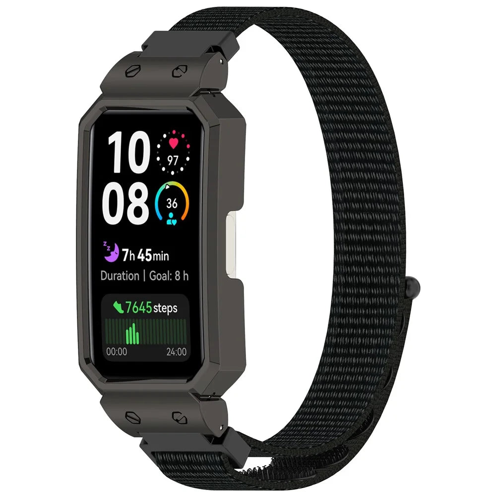 Watch Band for Huawei Band 10 / 10 NFC / 9 / 9 NFC / 8 / 8 NFC Magic Tape Nylon Strap with Metal Case - Black+Black - 3