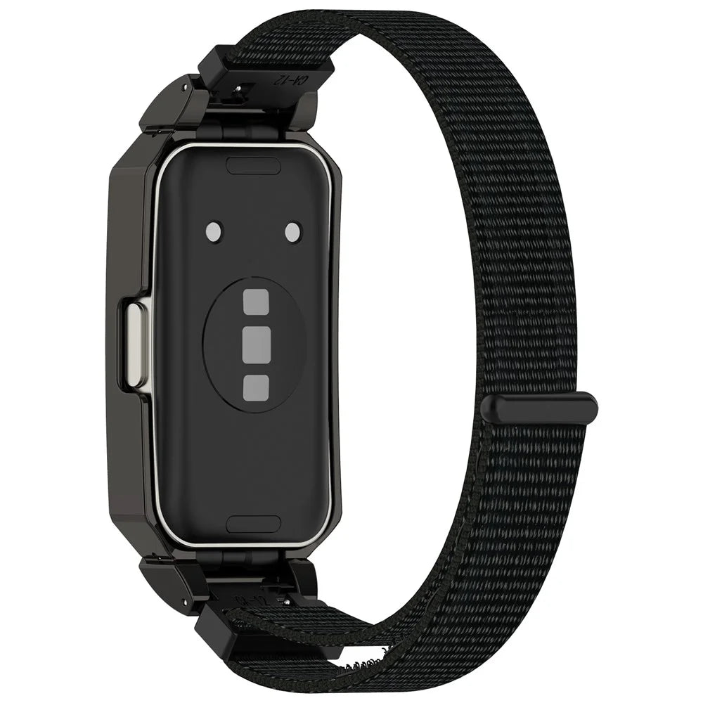 Watch Band for Huawei Band 10 / 10 NFC / 9 / 9 NFC / 8 / 8 NFC Magic Tape Nylon Strap with Metal Case - Black+Black - 4