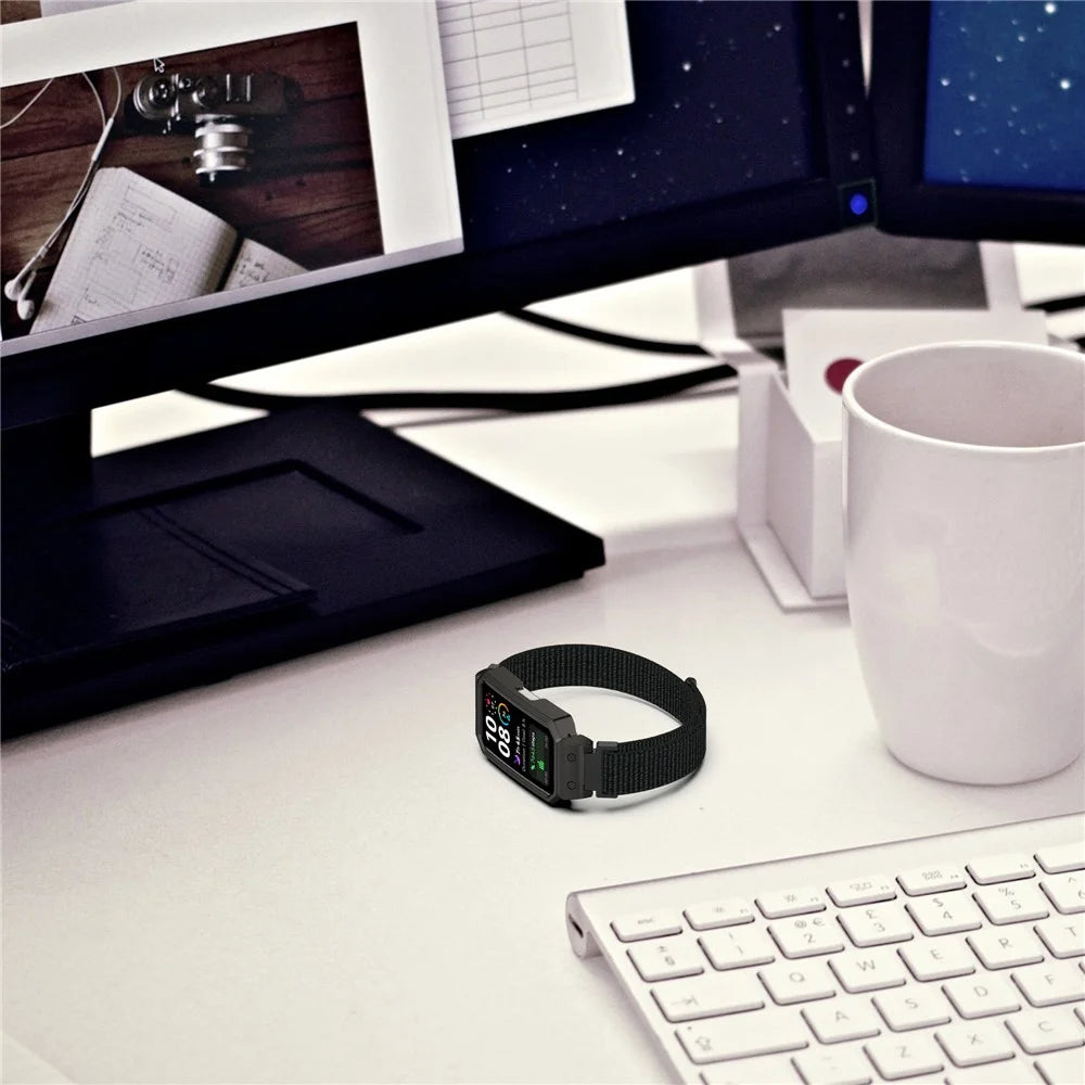Watch Band for Huawei Band 10 / 10 NFC / 9 / 9 NFC / 8 / 8 NFC Magic Tape Nylon Strap with Metal Case - Black+Black - 7