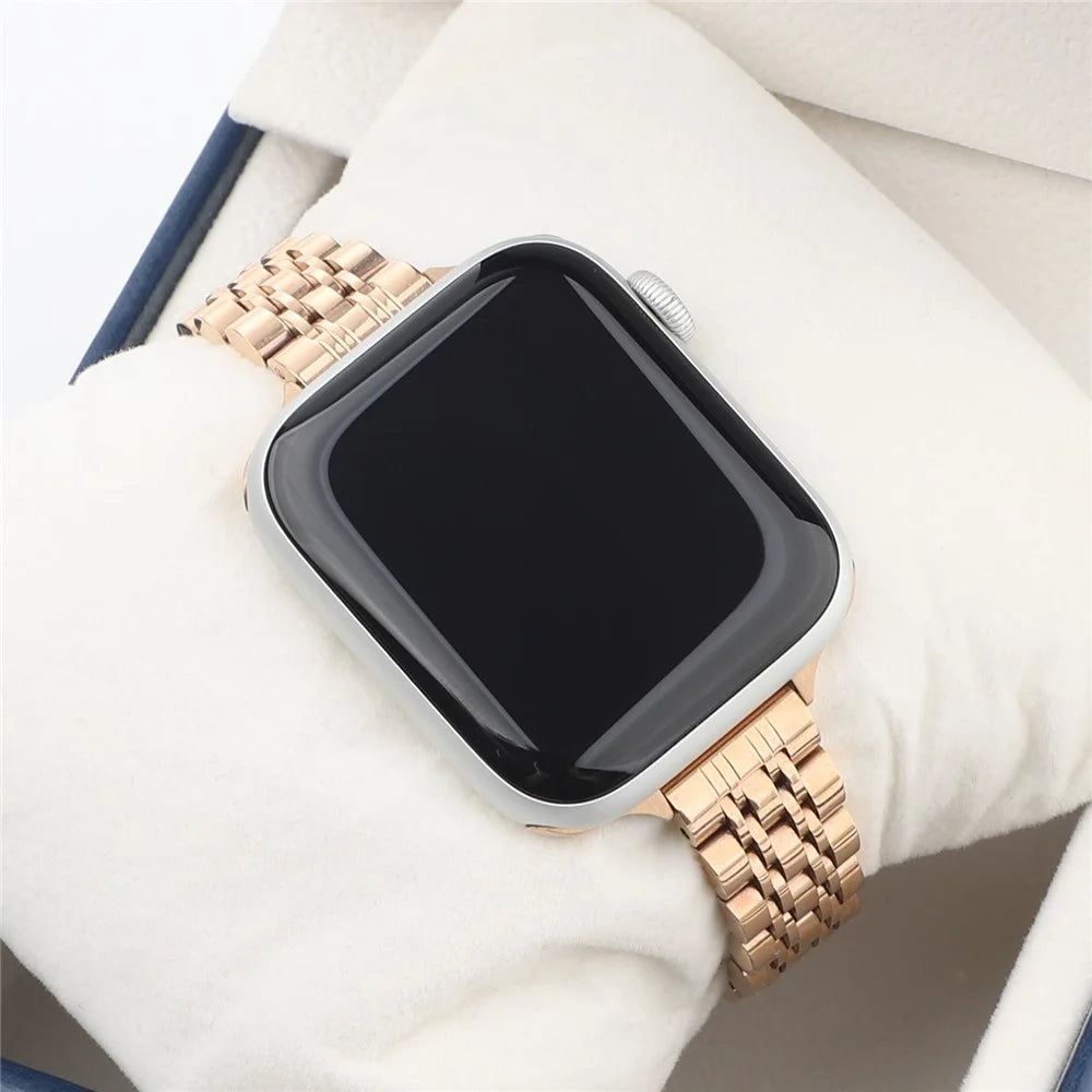 Smart Watch Strap for Apple Watch Series 10 9 8 7 SE 6 5 4 3 2 1 42mm 41mm 40mm 38mm 7-Bead Stainless Steel Band - Rose Gold - 3