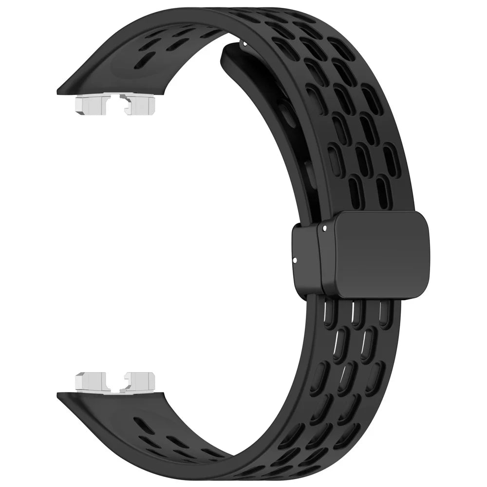 Silicone Watch Band for Huawei Band 10 / 10 NFC / 9 / 9 NFC / 8 / 8 NFC Holes Design Breathable Magnetic Buckle Strap - Black - 1