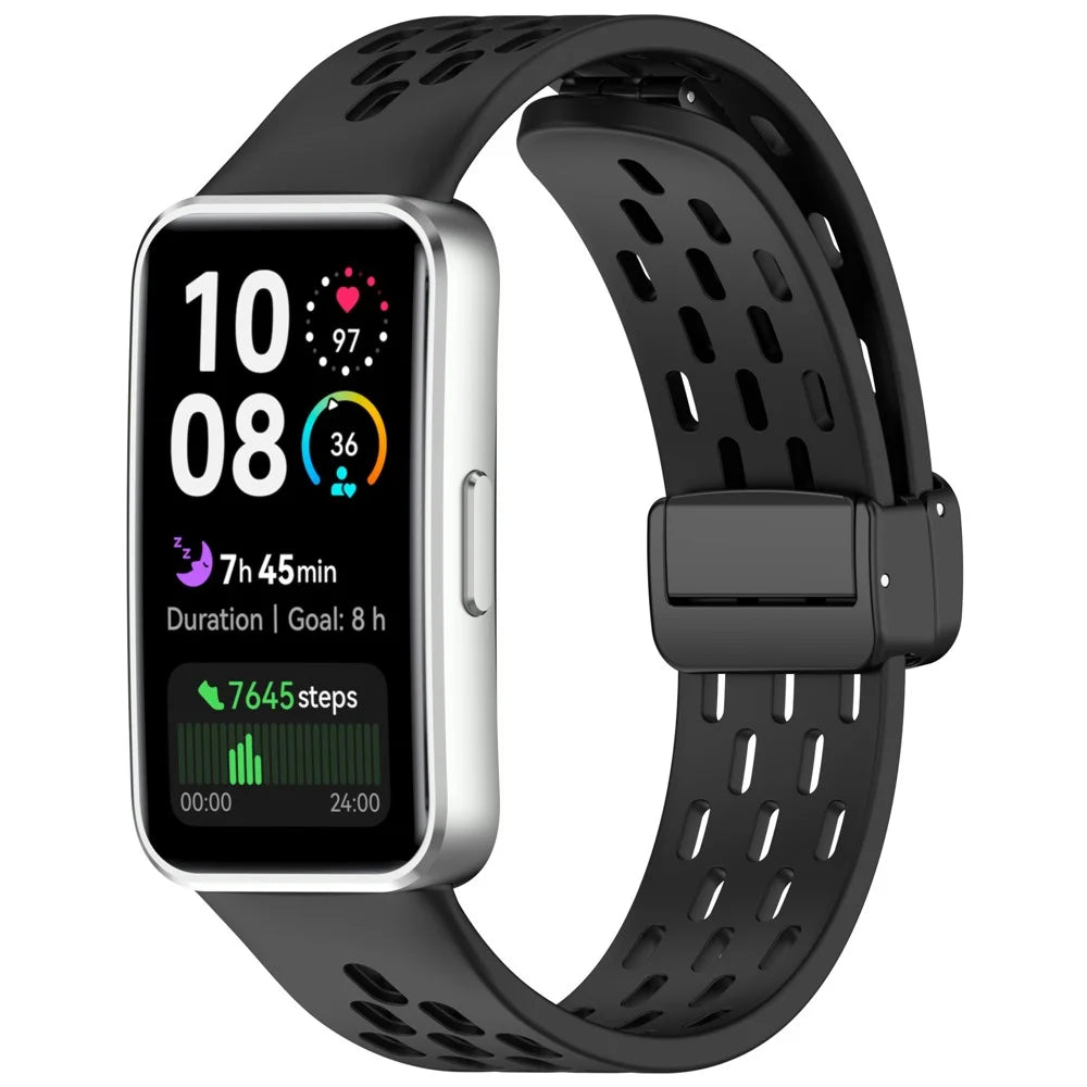 Silicone Watch Band for Huawei Band 10 / 10 NFC / 9 / 9 NFC / 8 / 8 NFC Holes Design Breathable Magnetic Buckle Strap - Black - 3