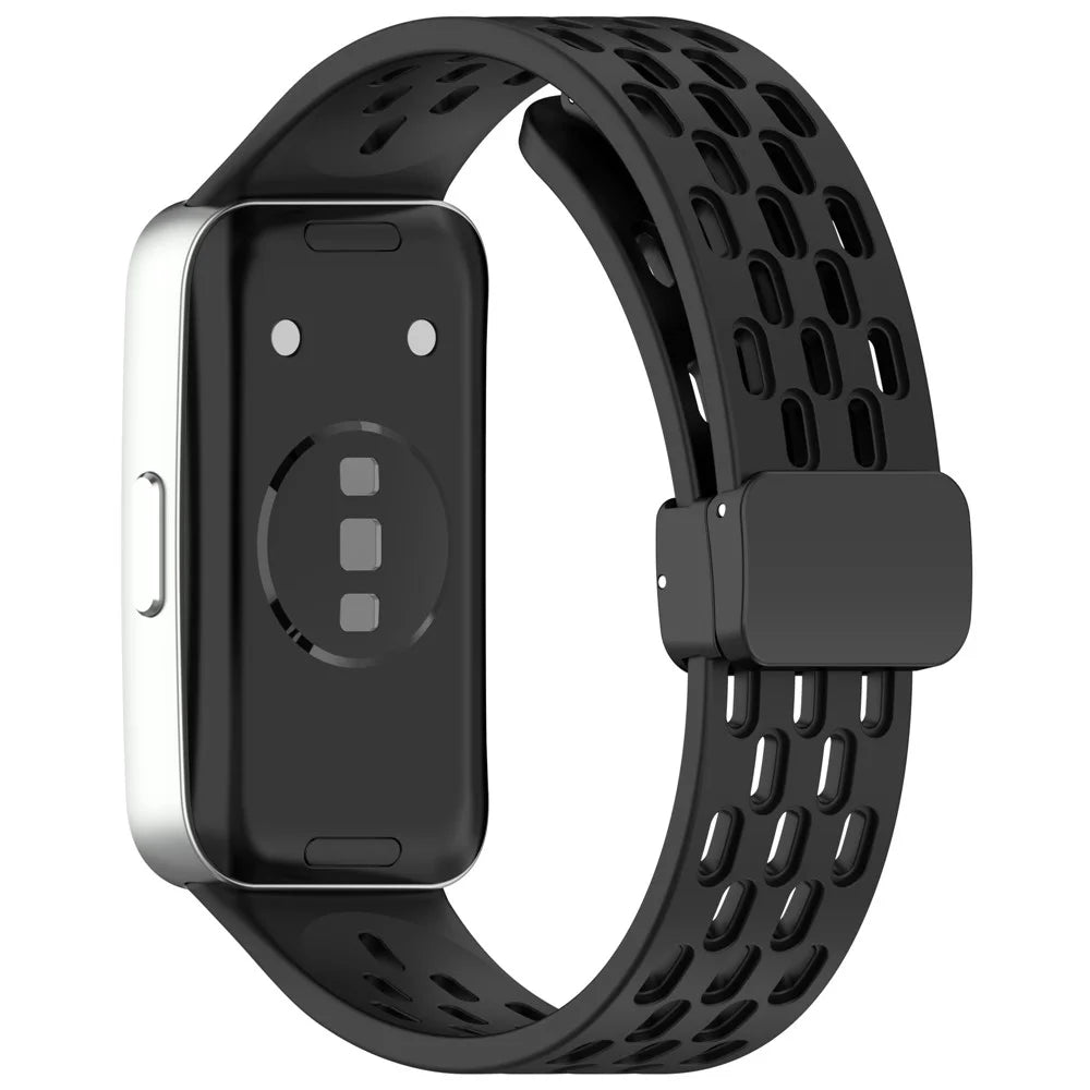 Silicone Watch Band for Huawei Band 10 / 10 NFC / 9 / 9 NFC / 8 / 8 NFC Holes Design Breathable Magnetic Buckle Strap - Black - 4