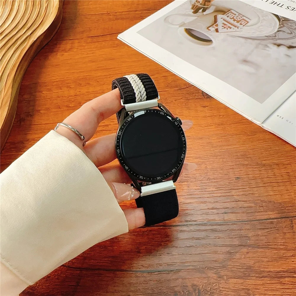 22mm Watch Band for Samsung Galaxy Watch3 45mm / Galaxy Watch 46mm / Huawei Watch GT 5 46mm Striped Nylon Strap - Black+White Stripes - 3
