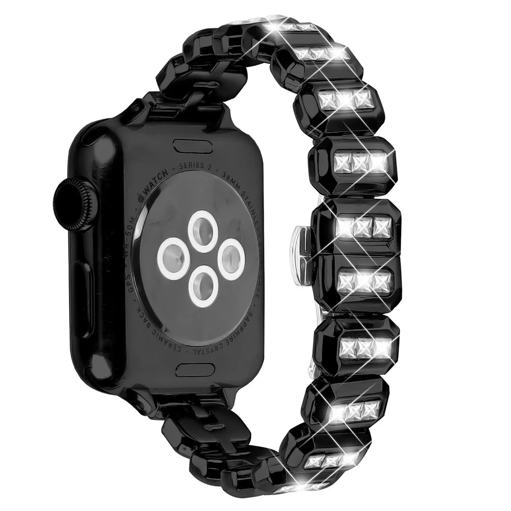Metal Strap for Apple Watch Series 11 10 42mm / 9 8 7 41mm / SE3 SE2 SE 6 5 4 40mm / 3 2 1 38mm Rhinestone Decor with Butterfly Clasp - Black - 1
