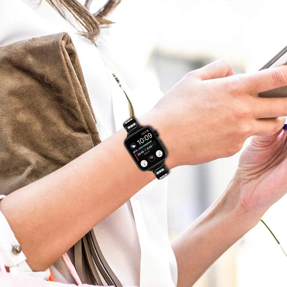 Metal Strap for Apple Watch Series 11 10 42mm / 9 8 7 41mm / SE3 SE2 SE 6 5 4 40mm / 3 2 1 38mm Rhinestone Decor with Butterfly Clasp - Black - 4