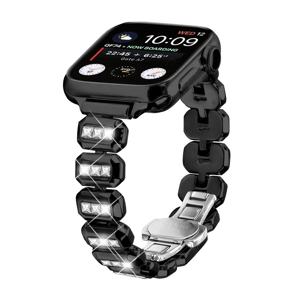 Metal Strap for Apple Watch Ultra 3 2 1 49mm / Series 11 10 46mm / 9 8 7 45mm / SE3 SE2 SE 6 5 4 44mm / 3 2 1 42mm Rhinestone Decor with Butterfly Clasp - Black - 2