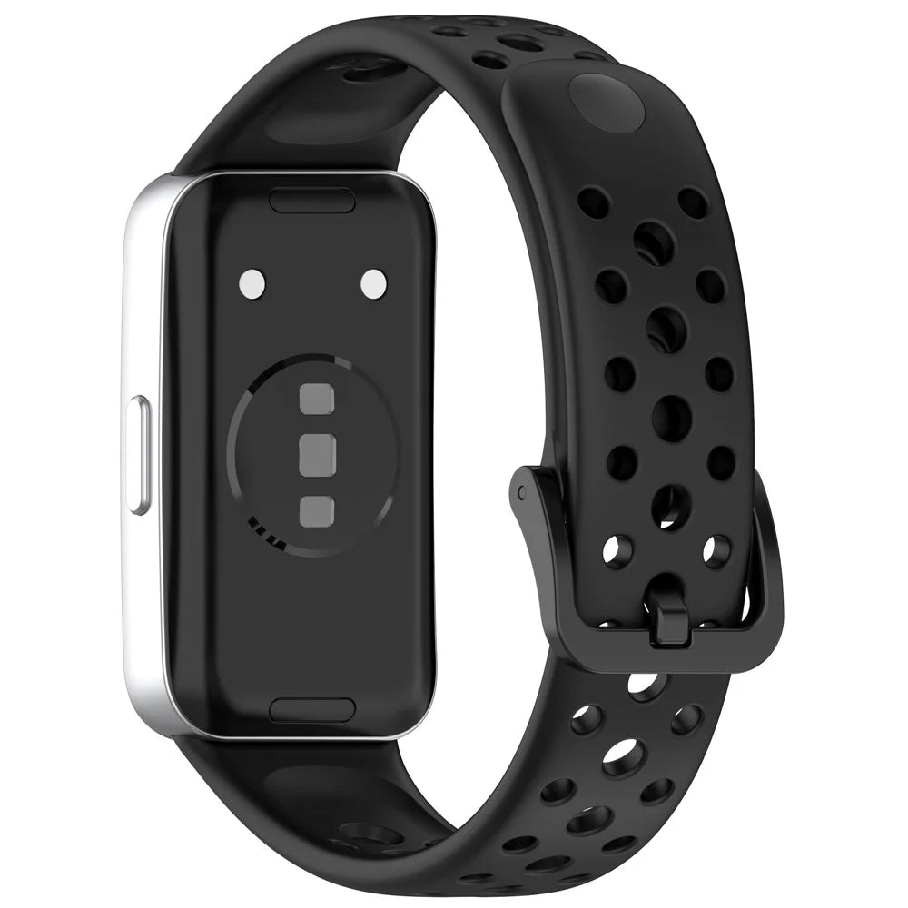 For Huawei Band 10 / 10 NFC / 9 / 9 NFC / 8 / 8 NFC Silicone Strap Multi Hole Design Smart Watch Band - Black - 1