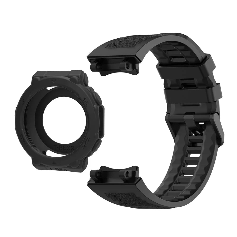 For Huami Amazfit T-Rex 2 Silicone Replacement Strap Watch Band with Protective Case - Black - 1