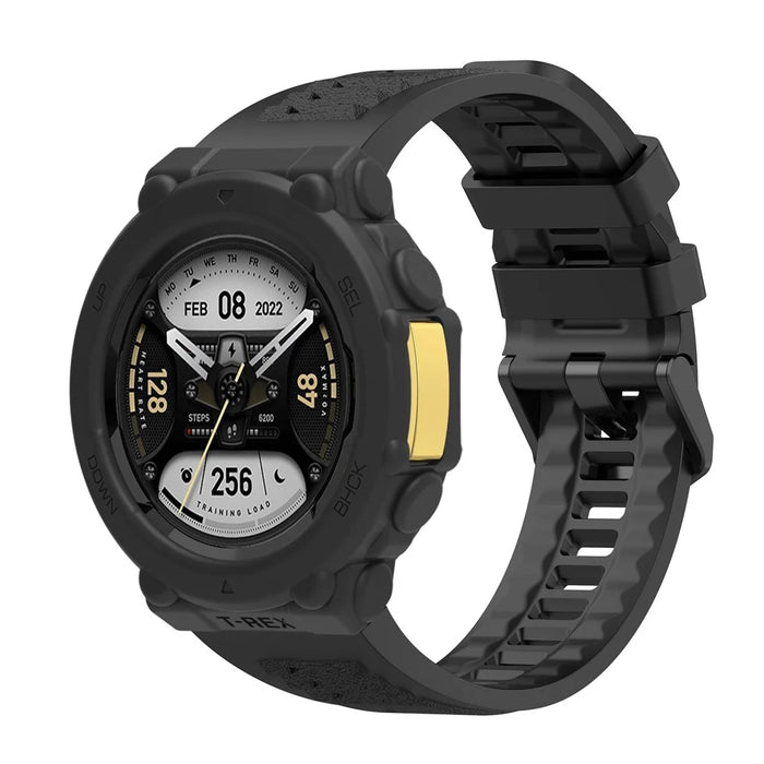 For Huami Amazfit T-Rex 2 Silicone Replacement Strap Watch Band with Protective Case - Black - 3