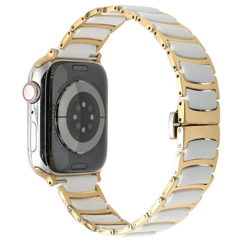Watch Band For Apple Watch Series 11 10 42mm / 9 8 7 41mm / SE3 SE2 SE 6 5 4 40mm / 3 2 1 38mm Butterfly Buckle Ceramic + Stainless Steel Strap - White + Gold - 1