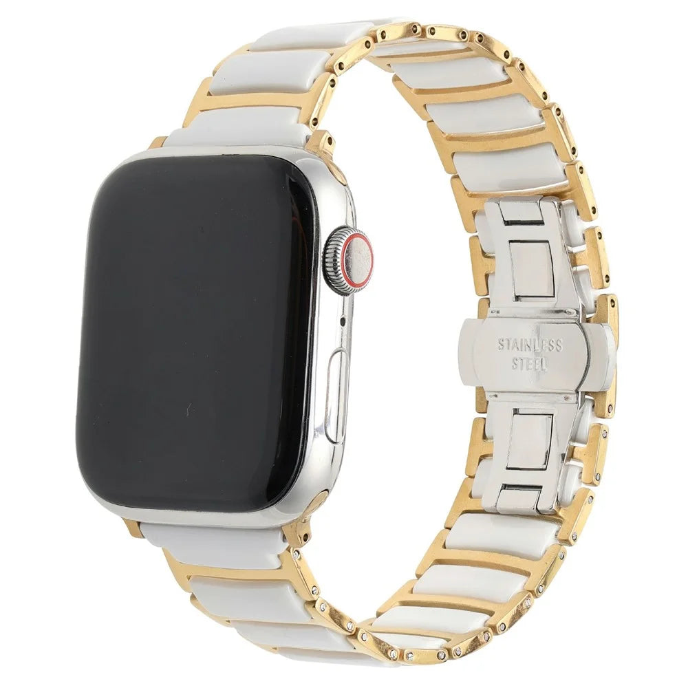 Watch Band For Apple Watch Series 11 10 42mm / 9 8 7 41mm / SE3 SE2 SE 6 5 4 40mm / 3 2 1 38mm Butterfly Buckle Ceramic + Stainless Steel Strap - White + Gold - 2