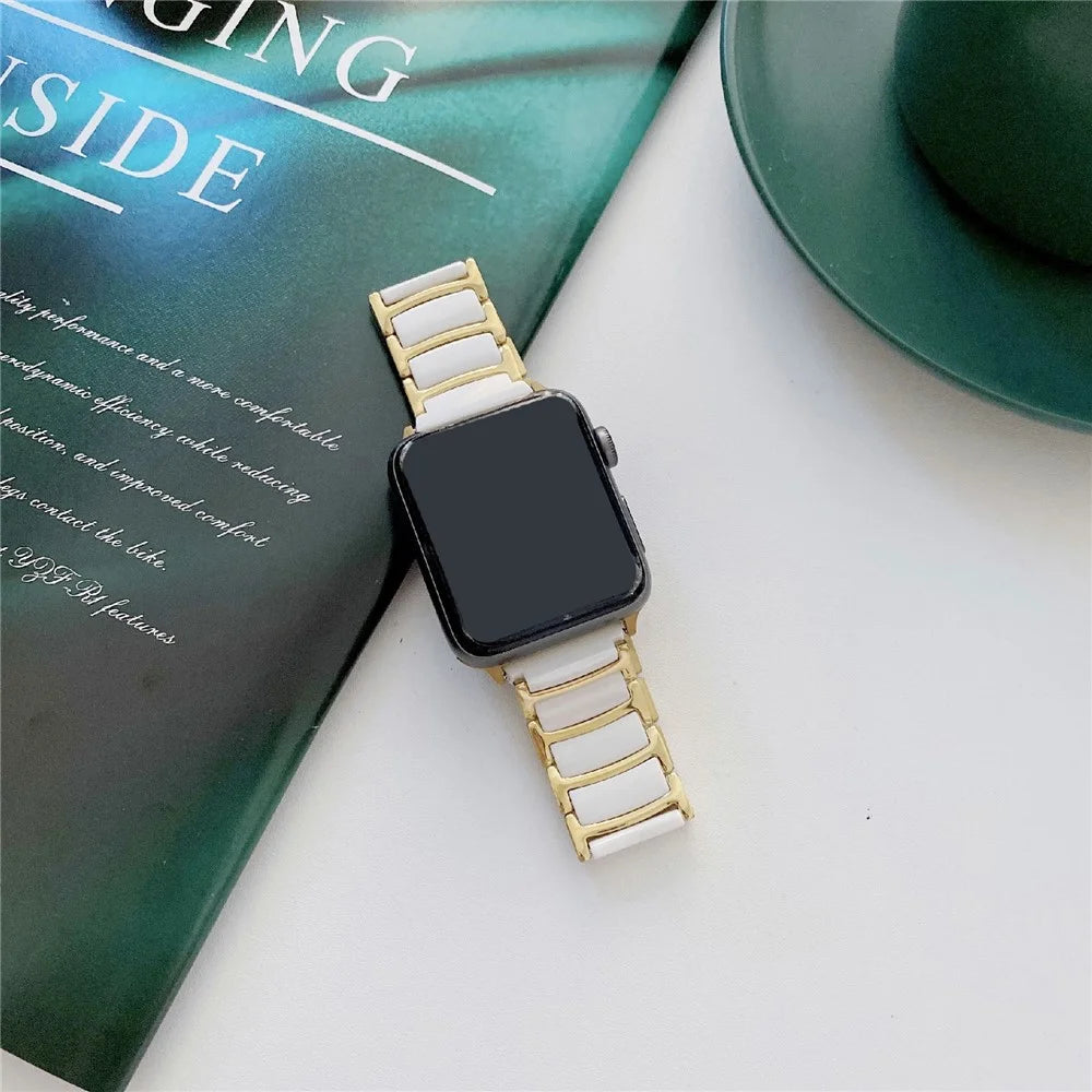 Watch Band For Apple Watch Series 11 10 42mm / 9 8 7 41mm / SE3 SE2 SE 6 5 4 40mm / 3 2 1 38mm Butterfly Buckle Ceramic + Stainless Steel Strap - White + Gold - 4