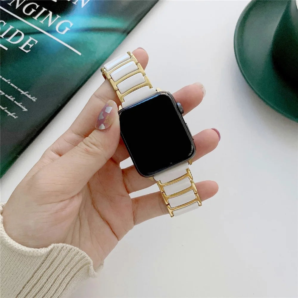 Watch Band For Apple Watch Ultra 3 2 1 49mm / Series 11 10 46mm / 9 8 7 45mm / SE3 SE2 SE 6 5 4 44mm / 3 2 1 42mm Butterfly Buckle Ceramic Strap - White + Gold - 3