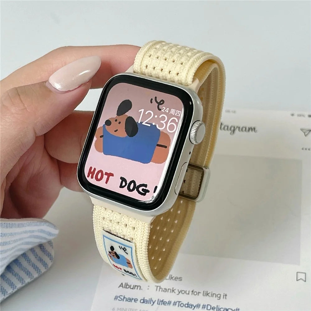 Watch Band For Apple Watch Series 11 10 42mm / 9 8 7 41mm / SE3 SE2 SE 6 5 4 40mm / 3 2 1 38mm Hot Dog Knitted Fabric Magnetic Strap - Starlight - 3