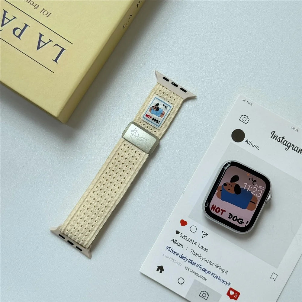 Watch Band For Apple Watch Series 11 10 42mm / 9 8 7 41mm / SE3 SE2 SE 6 5 4 40mm / 3 2 1 38mm Hot Dog Knitted Fabric Magnetic Strap - Starlight - 7