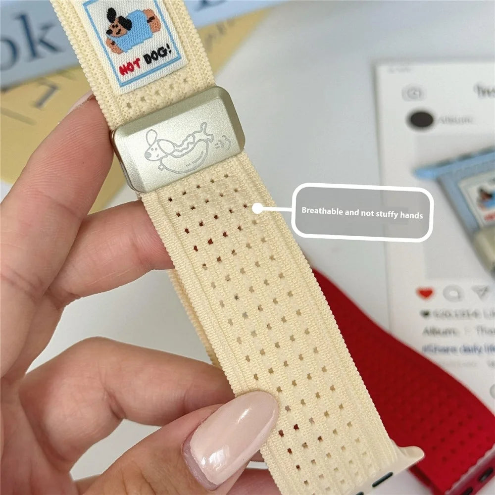 Watch Band For Apple Watch Ultra 3 2 1 49mm / Series 11 10 46mm / 9 8 7 45mm / SE3 SE2 SE 6 5 4 44mm / 3 2 1 42mm Hot Dog Knitted Fabric Magnetic Strap - Starlight - 4