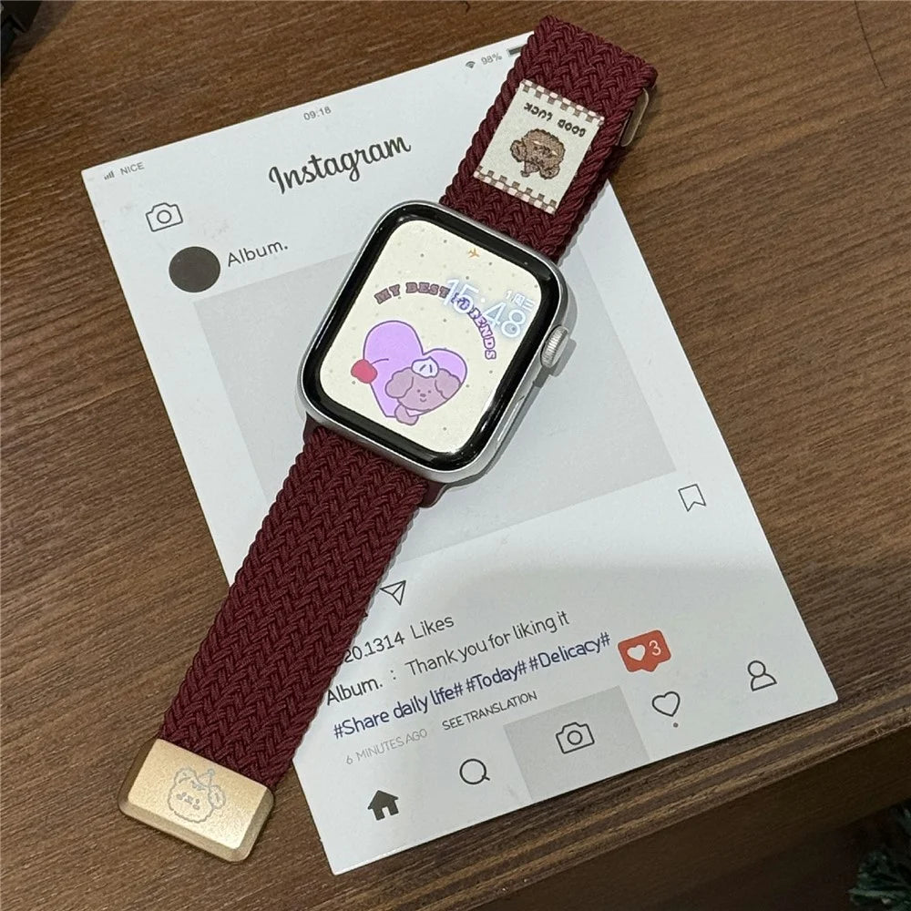 Watch Band For Apple Watch Ultra 3 2 1 49mm / Series 11 10 46mm / 9 8 7 45mm / SE3 SE2 SE 6 5 4 44mm / 3 2 1 42mm Top Hat Bear Braided Nylon Magnetic Strap - Wine Red - 3