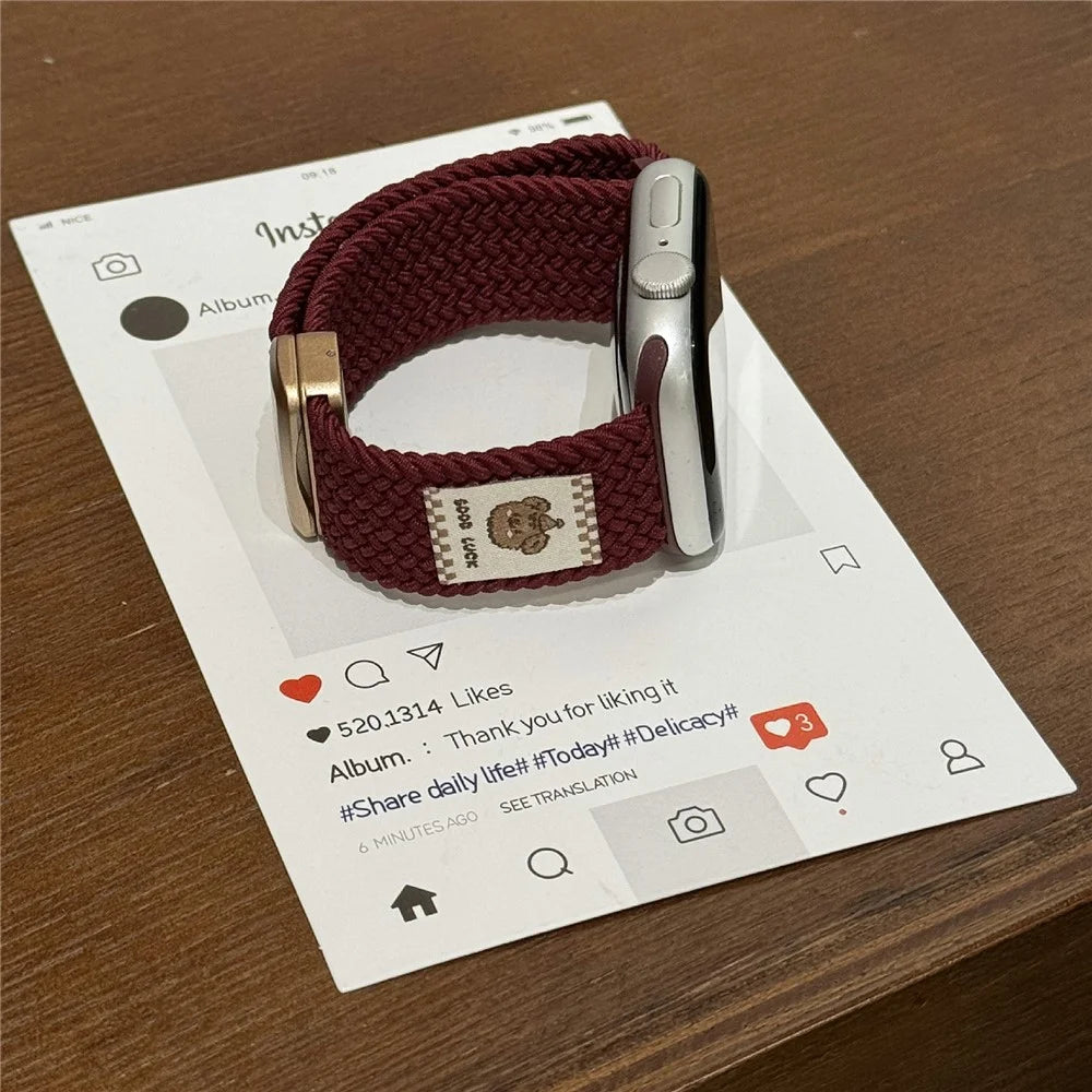 Watch Band For Apple Watch Ultra 3 2 1 49mm / Series 11 10 46mm / 9 8 7 45mm / SE3 SE2 SE 6 5 4 44mm / 3 2 1 42mm Top Hat Bear Braided Nylon Magnetic Strap - Wine Red - 4