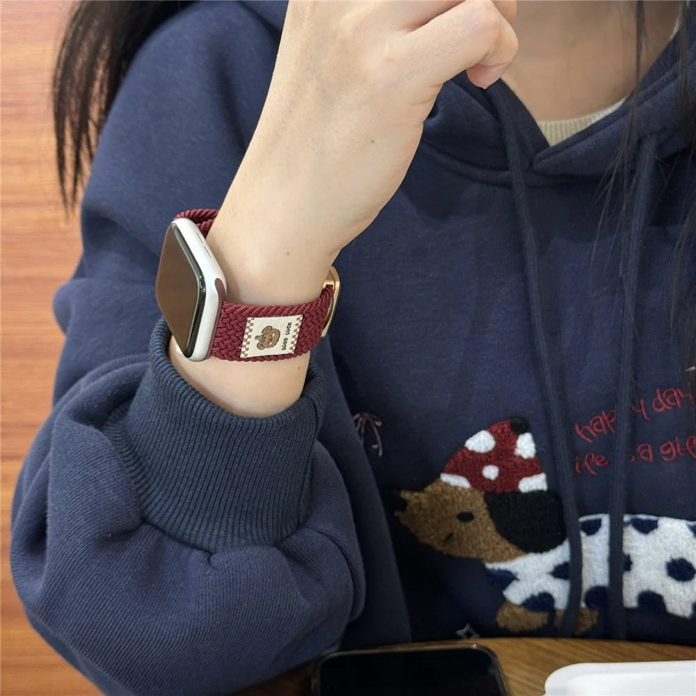Watch Band For Apple Watch Ultra 3 2 1 49mm / Series 11 10 46mm / 9 8 7 45mm / SE3 SE2 SE 6 5 4 44mm / 3 2 1 42mm Top Hat Bear Braided Nylon Magnetic Strap - Wine Red - 5