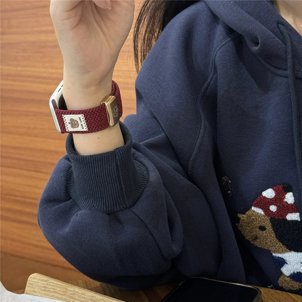 Watch Band For Apple Watch Ultra 3 2 1 49mm / Series 11 10 46mm / 9 8 7 45mm / SE3 SE2 SE 6 5 4 44mm / 3 2 1 42mm Top Hat Bear Braided Nylon Magnetic Strap - Wine Red - 6