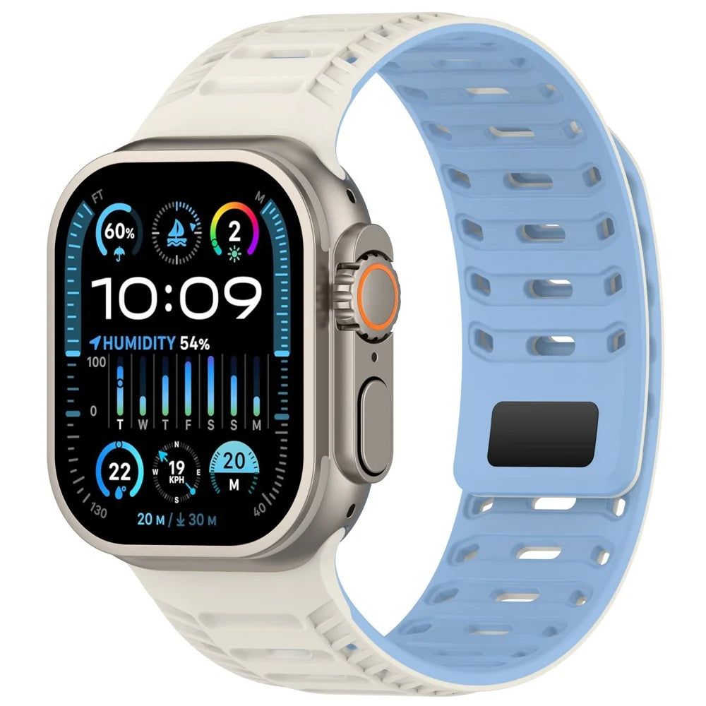 Silicone Strap for Apple Watch Ultra 3 2 1 49mm / Series 11 10 46mm / 9 8 7 45mm / SE3 SE2 SE 6 5 4 44mm / 3 2 1 42mm Stylish Magnetic Watch Band - White+Blue - 3