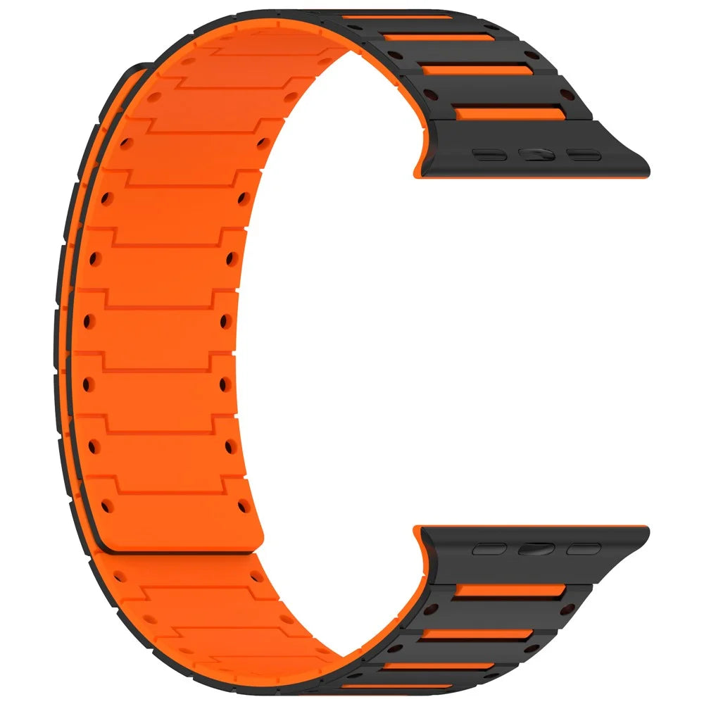 Silicone Strap for Apple Watch Ultra 3 2 1 49mm / Series 11 10 46mm / 9 8 7 45mm / SE3 SE2 SE 6 5 4 44mm / 3 2 1 42mm Dual Color Magnetic Watch Band - Black+Orange - 1