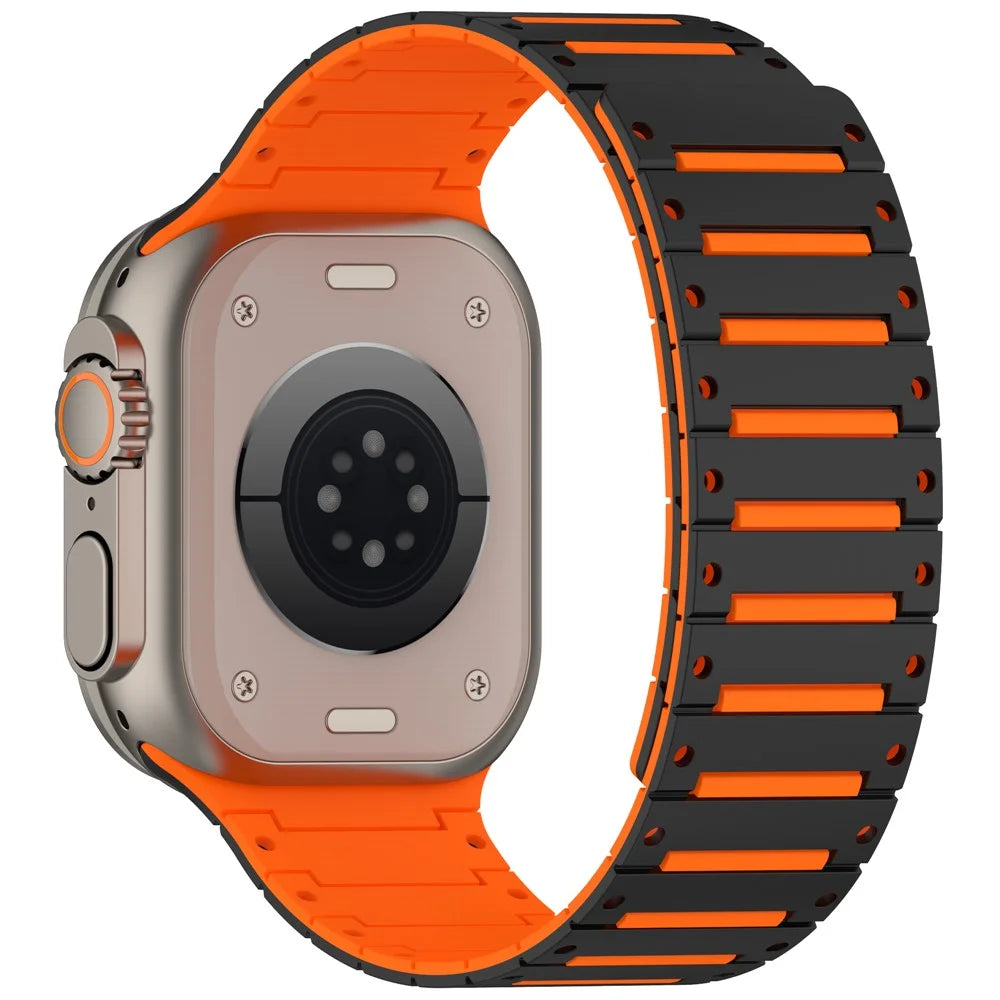 Silicone Strap for Apple Watch Ultra 3 2 1 49mm / Series 11 10 46mm / 9 8 7 45mm / SE3 SE2 SE 6 5 4 44mm / 3 2 1 42mm Dual Color Magnetic Watch Band - Black+Orange - 2