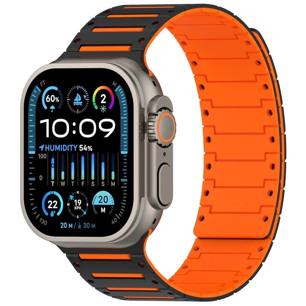 Silicone Strap for Apple Watch Ultra 3 2 1 49mm / Series 11 10 46mm / 9 8 7 45mm / SE3 SE2 SE 6 5 4 44mm / 3 2 1 42mm Dual Color Magnetic Watch Band - Black+Orange - 3