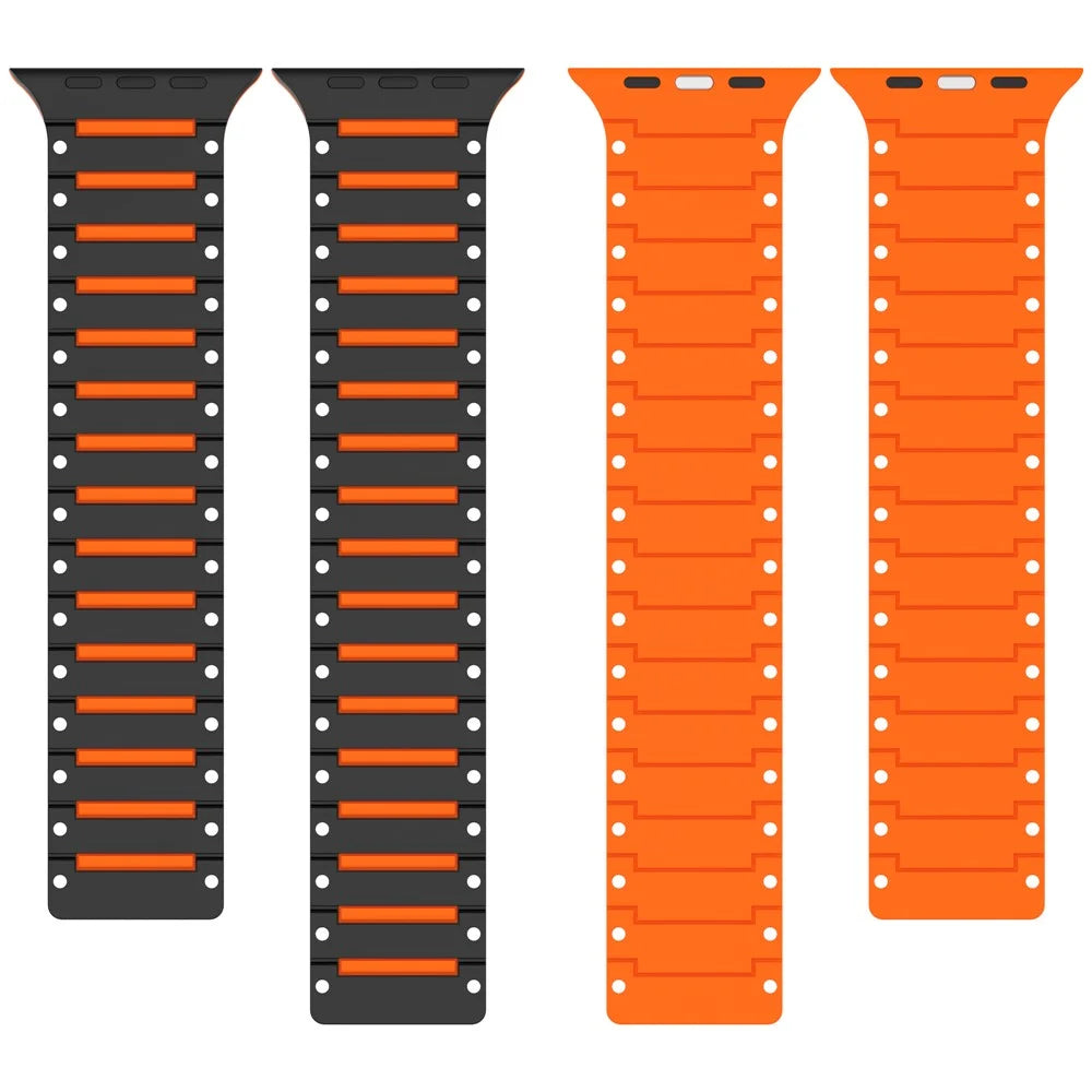 Silicone Strap for Apple Watch Ultra 3 2 1 49mm / Series 11 10 46mm / 9 8 7 45mm / SE3 SE2 SE 6 5 4 44mm / 3 2 1 42mm Dual Color Magnetic Watch Band - Black+Orange - 4