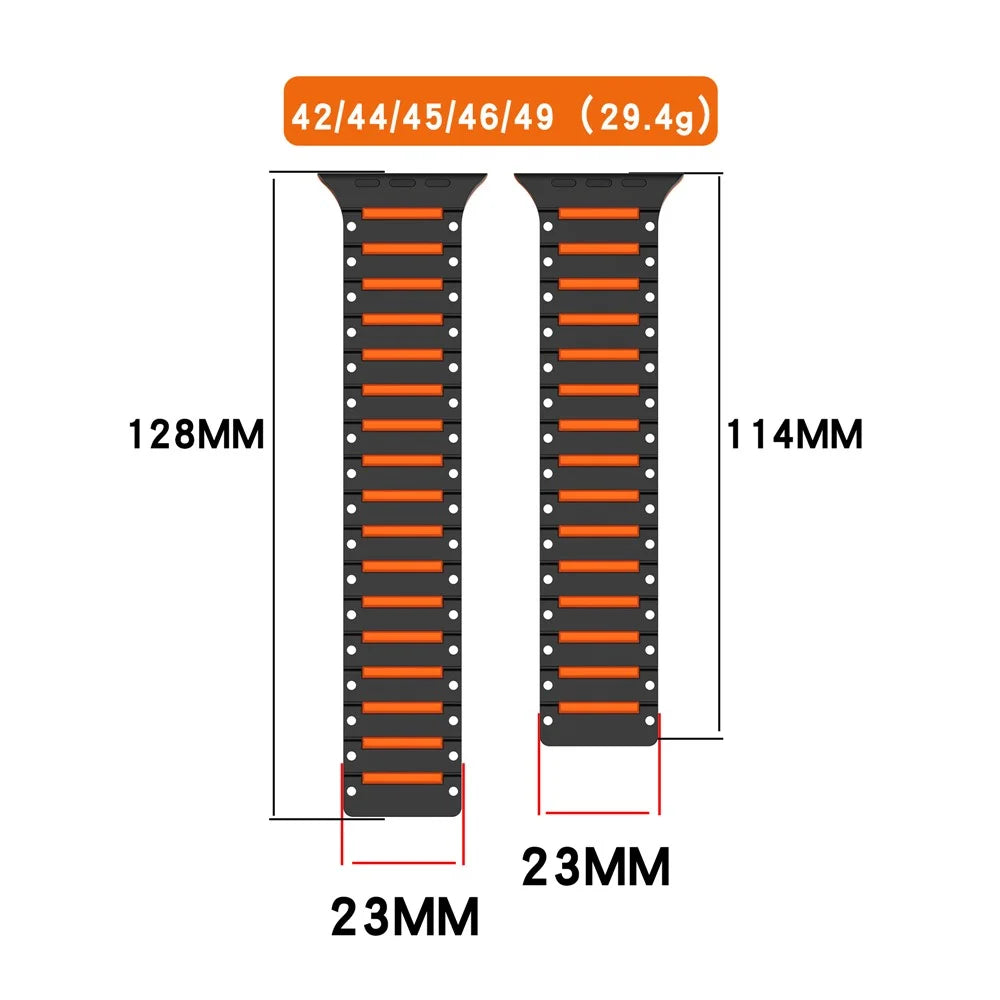 Silicone Strap for Apple Watch Ultra 3 2 1 49mm / Series 11 10 46mm / 9 8 7 45mm / SE3 SE2 SE 6 5 4 44mm / 3 2 1 42mm Dual Color Magnetic Watch Band - Black+Orange - 5