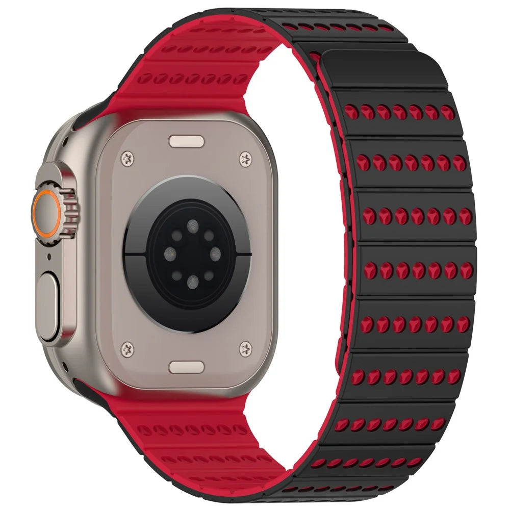 Silicone Strap for Apple Watch Series 11 10 42mm / 9 8 7 41mm / SE3 SE2 SE 6 5 4 40mm / 3 2 1 38mm Magnetic Adjustable Watch Band - Black+Red - 2